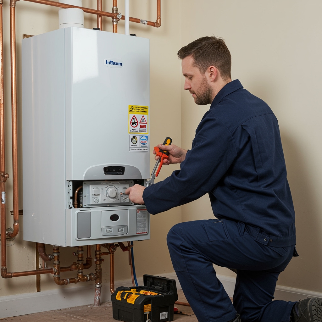 Gas Safe engineer installing A‑rated condensing boiler through ECO4 — UK Boiler Replacement Schemes 2025: Complete Government Programme Com…