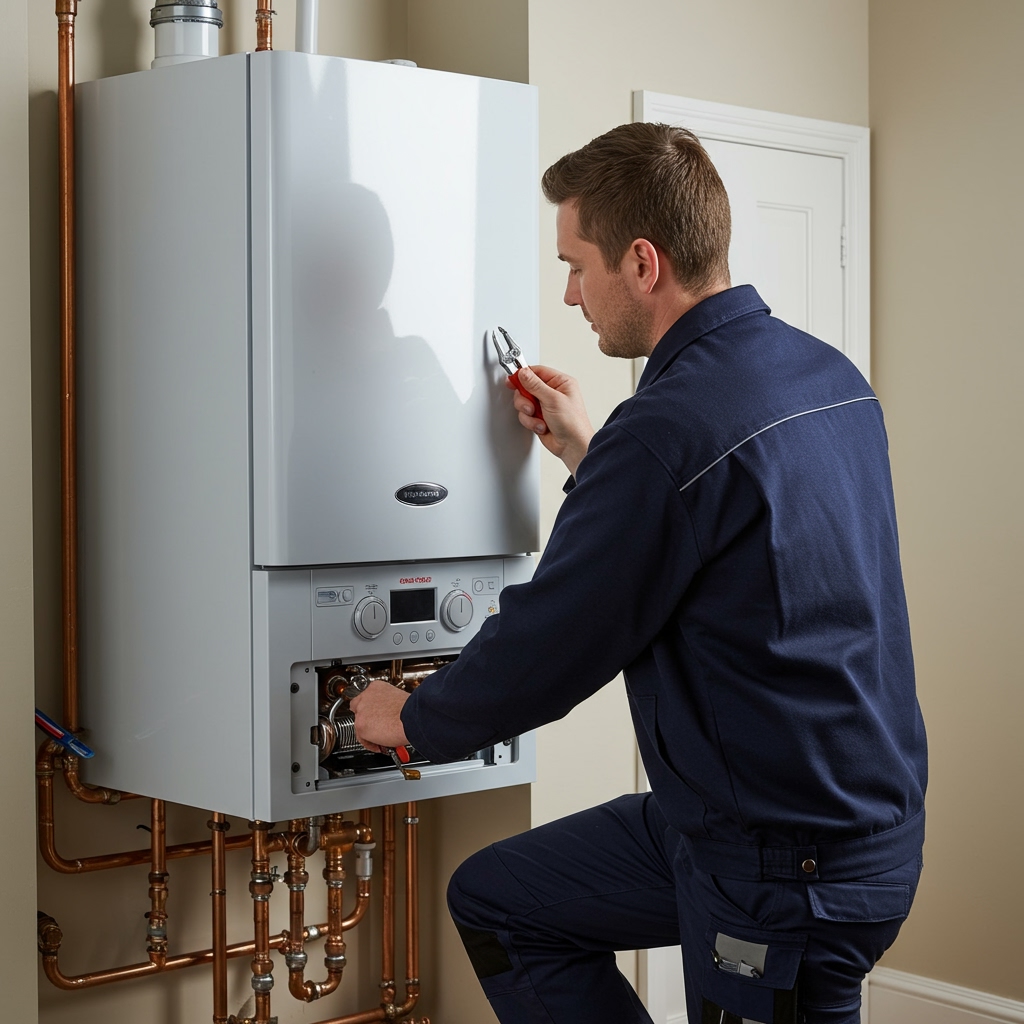 Gas Safe engineer installing A‑rated condensing boiler through ECO4 — E.ON Boiler Replacement: How the Energy Giant Unlocks BUS Grants in 2…