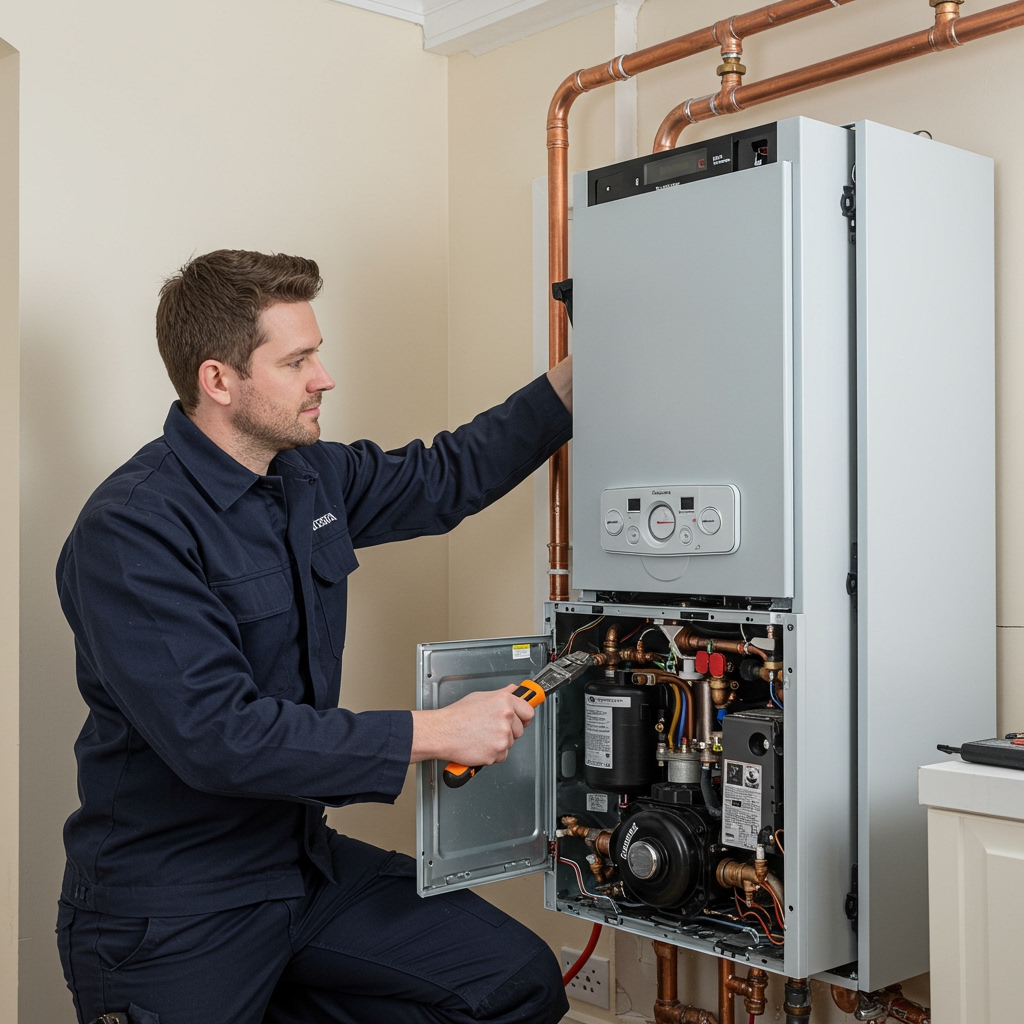 Gas Safe engineer installing A‑rated condensing boiler through ECO4 — E.ON Boiler Replacement: How the Energy Giant Unlocks BUS Grants in 2…